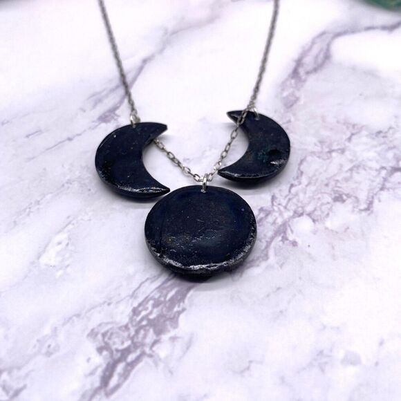 Black and Gold Moon Phase Celestial Sterling Silver Necklace - Picture 9 of 9